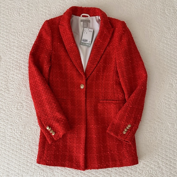 NWT H&M Textured-Weave Tweed Jacket Blazer Orange Red XS - Picture 1 of 16